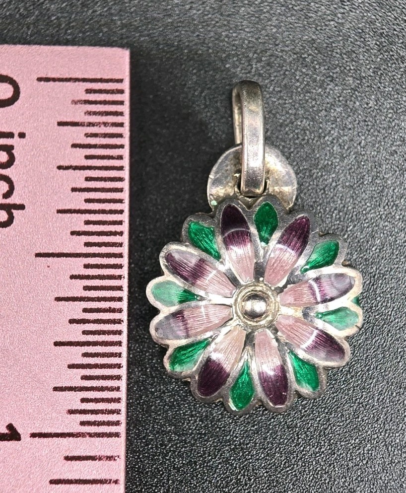 ​Vtg Mexico 980 Silver Enamel Flower Pendant Purple Green Daisy Taxco…