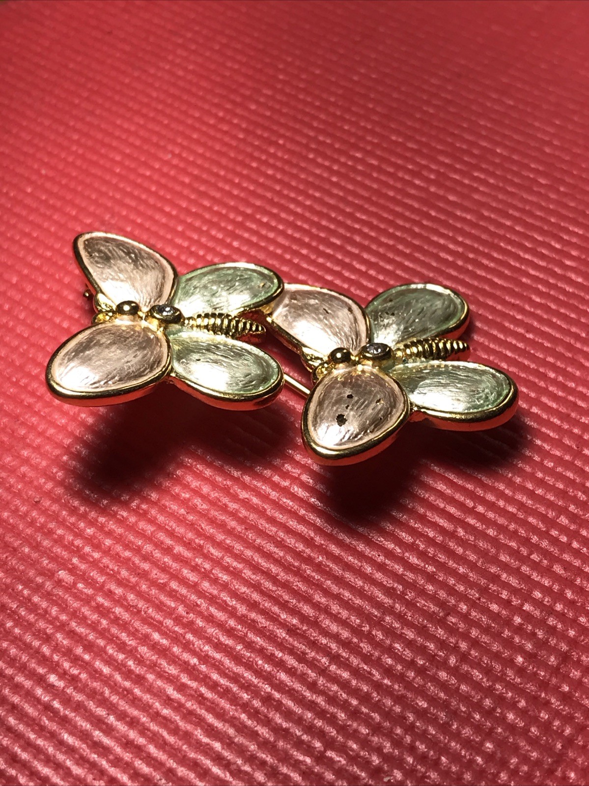 Vintage Pink and Green Brushed Double Butterfly Brooch Pin Gold Tone