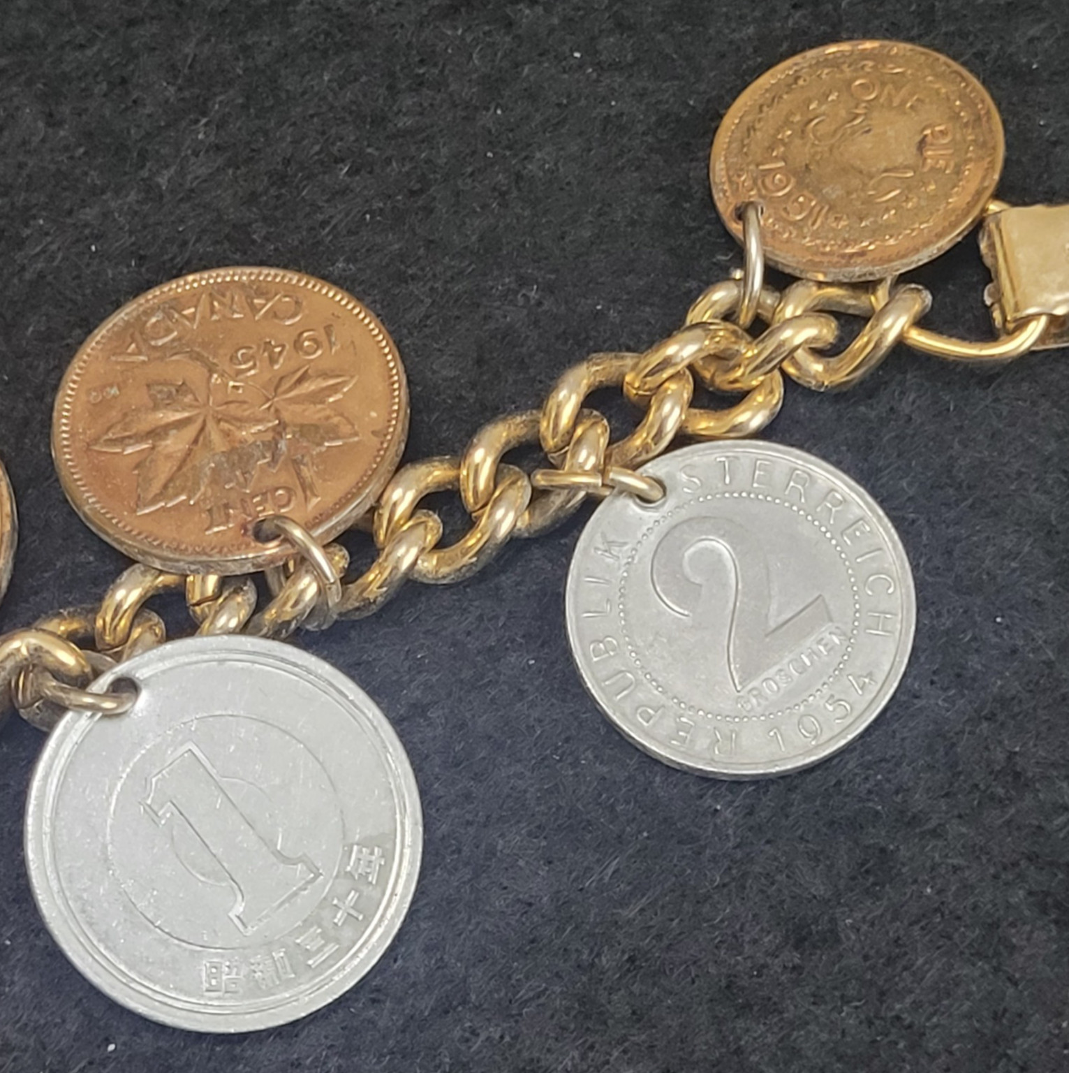 10 1930’s-1950’s Coins World Travel 6” Bracelet Can, Pak, Aut, Zaf, Jpn and Che