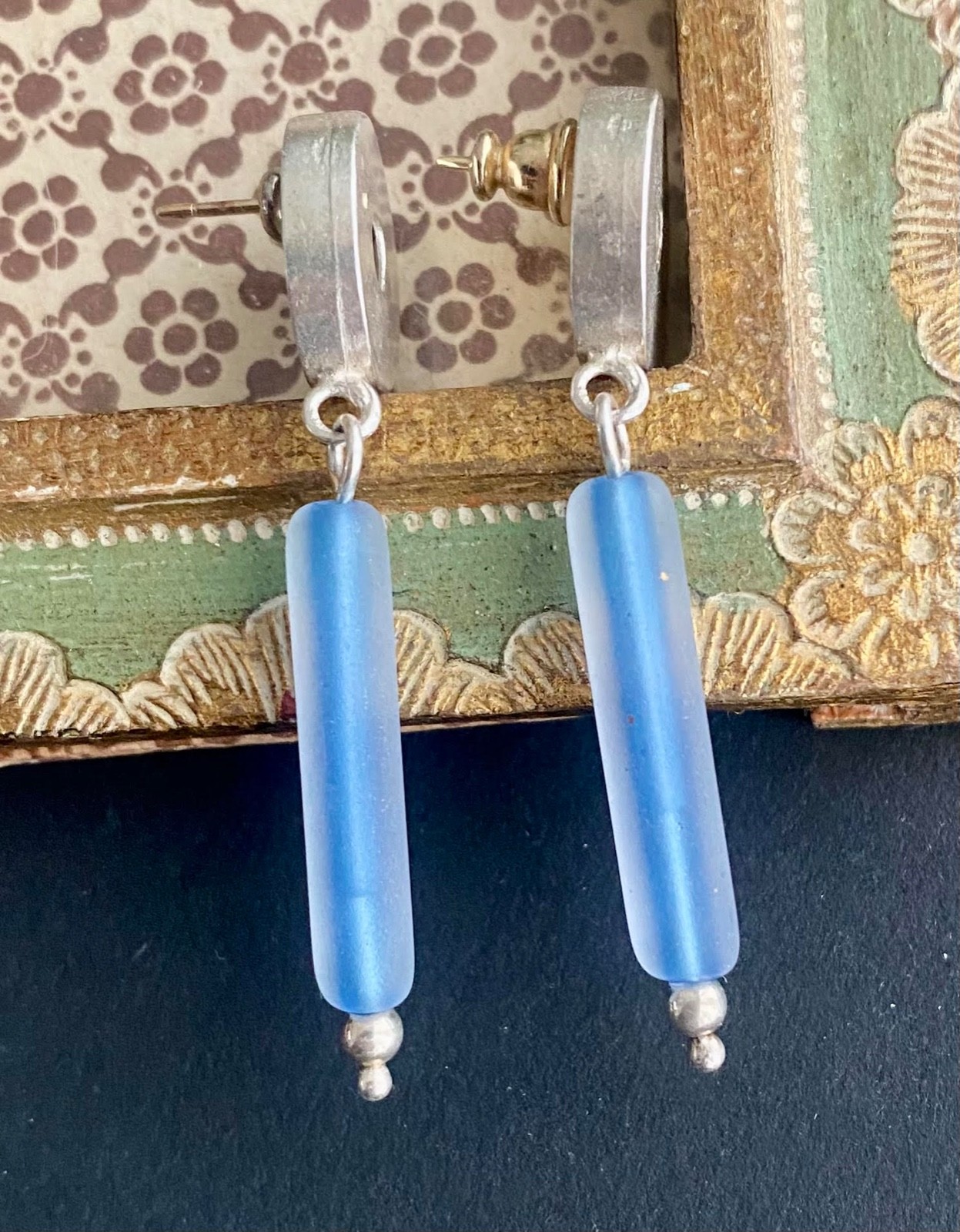 VTG 80s Handmade Sterling Silver Circle Earrings Frosted Blue Glass RISD Artisan