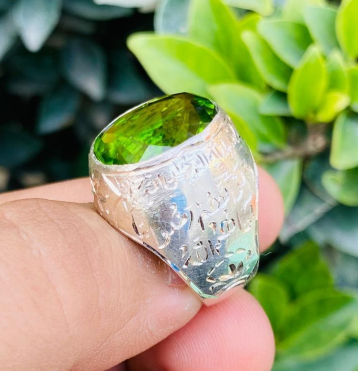 Very Big Peridot Stone Ring Big Vivid Green Peridot For Men Engraved Ring Silver