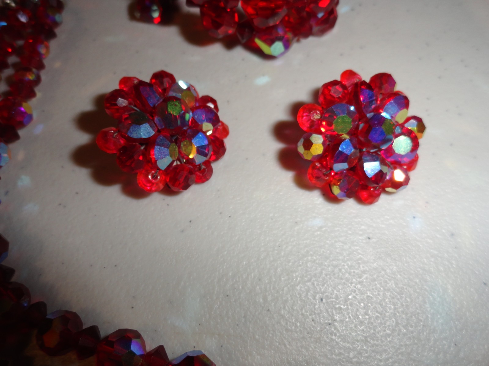 Vintage Parure 3 Strand Red Iridescent Necklace, Clip On Earrings & Bracelet