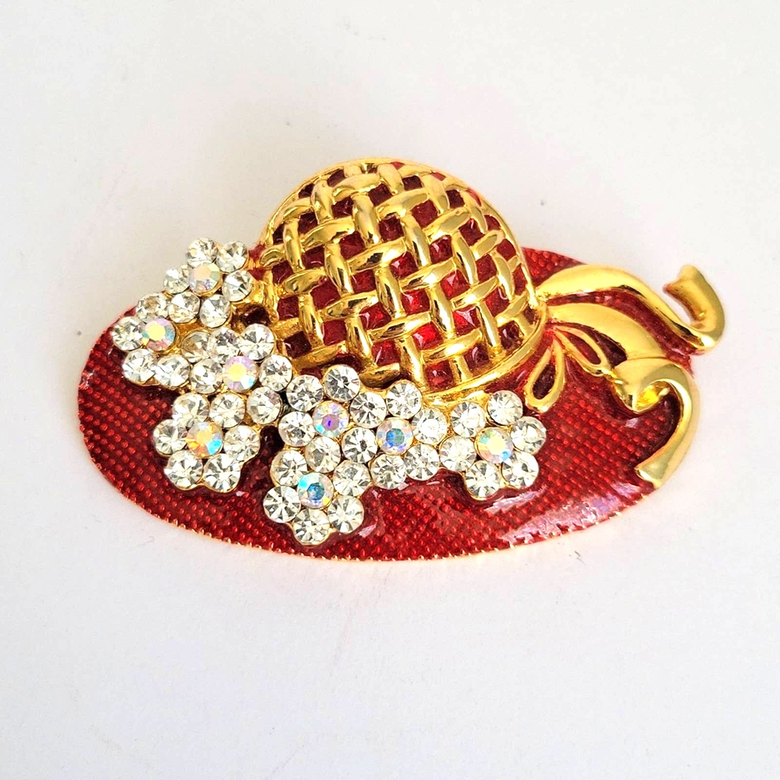 Vintage Brooch Red Enameled Hat Gold Tone Floral Rhinestone Cluster Grandmacore