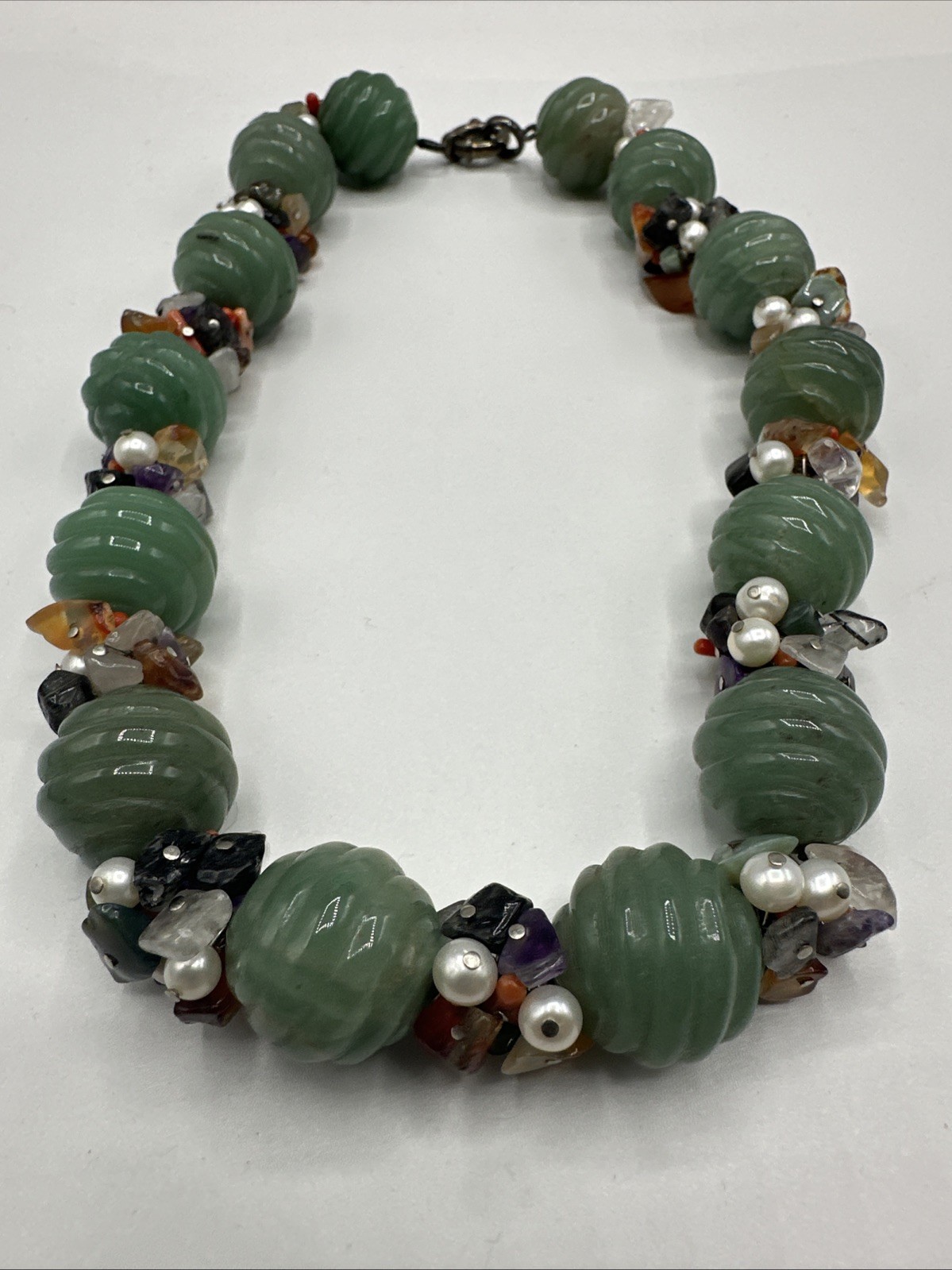 Unique Jadeite and Semiprecious Stones Vtg Necklace. Sterling Silver Closure.