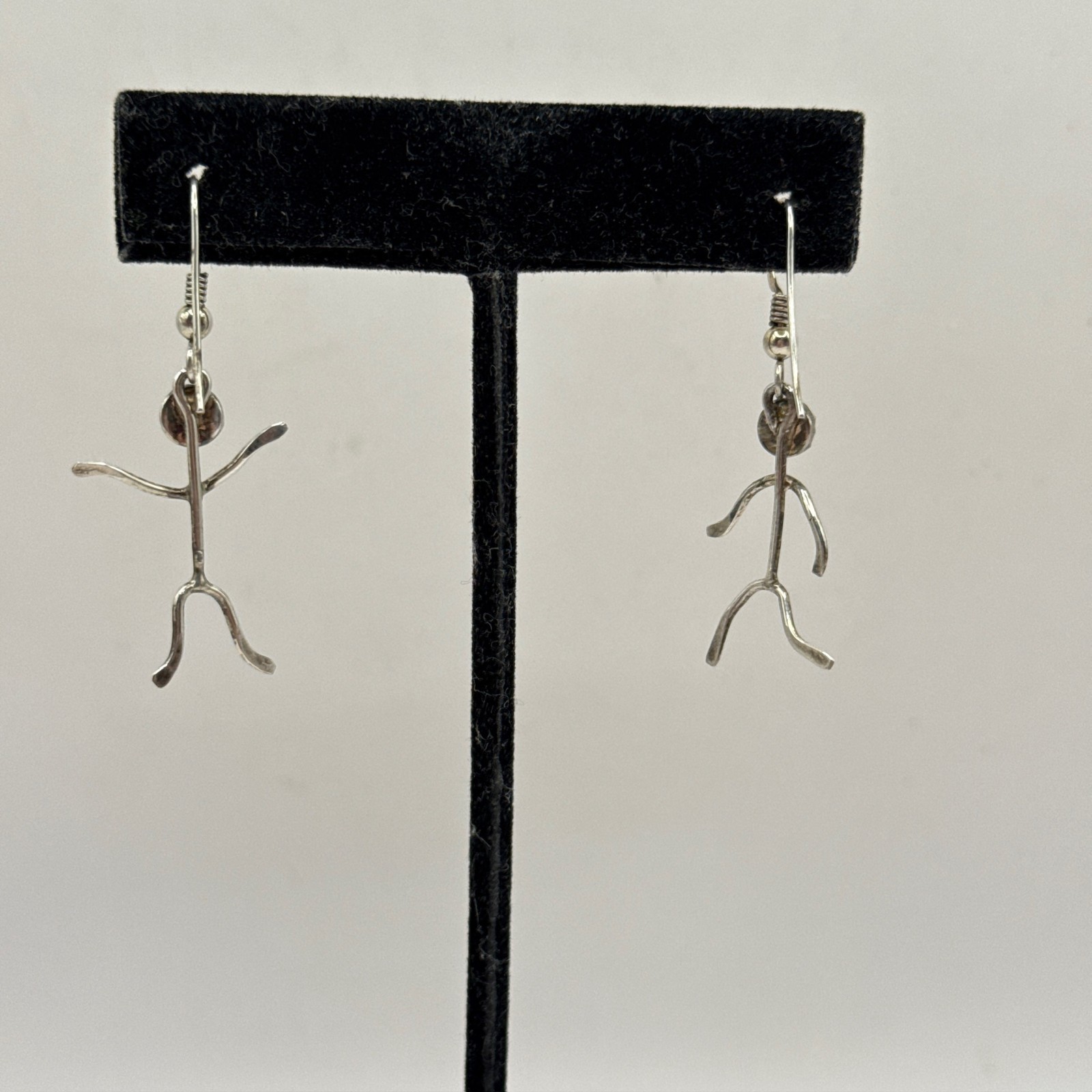 Vintage Artisan Sterling Silver Stick Figure Dangle Earrings Gemstone Heads Cool