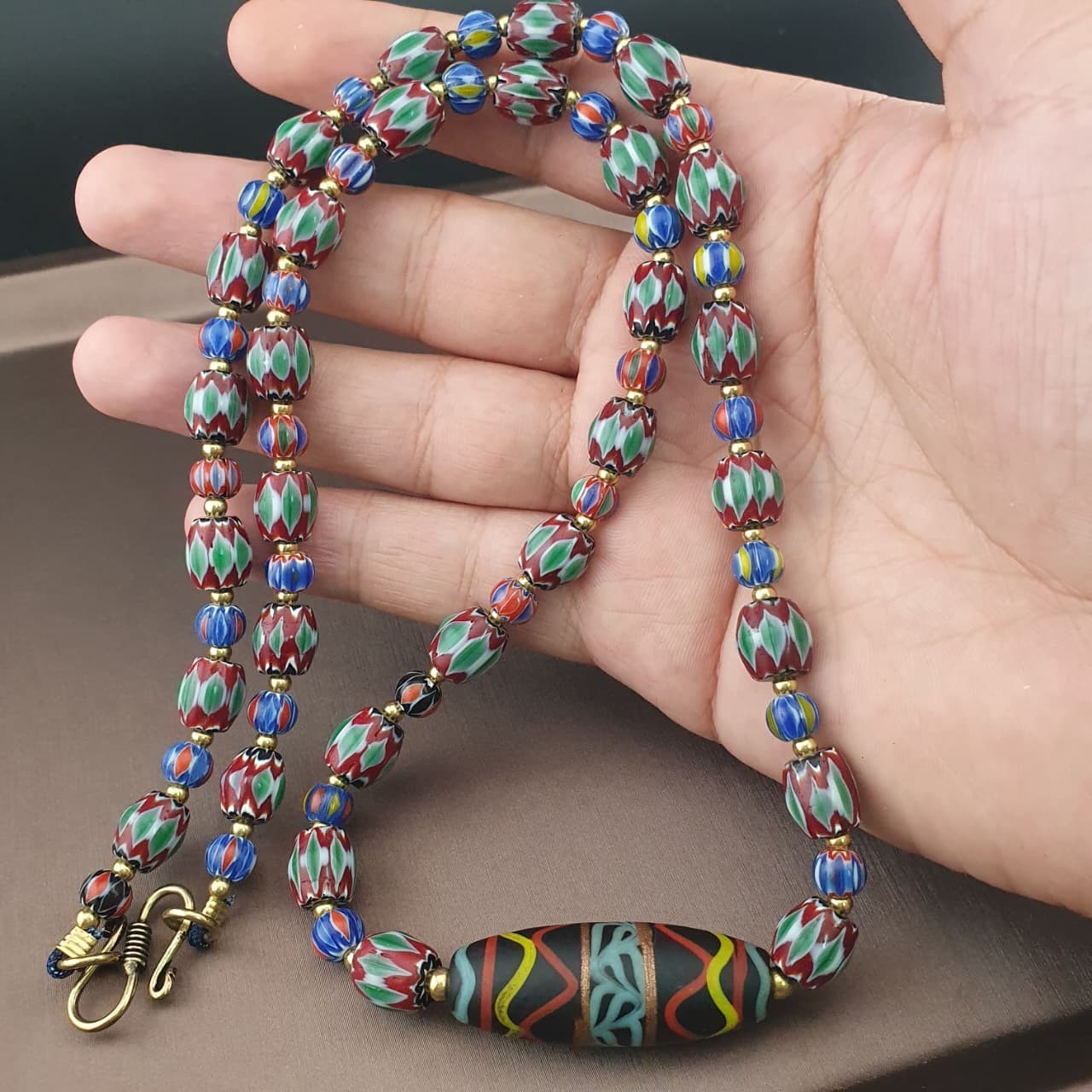 Vintage Venetian Style Multicolor Chevron Glass Beaded Necklace | 24in 8.7–39mm