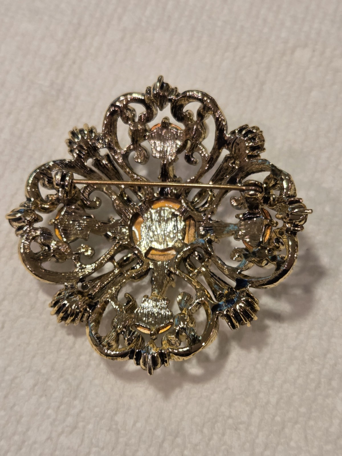 Vintage Blue & Green Rhinestone Gold Tone Filigree Hearts Flower Brooch Pin