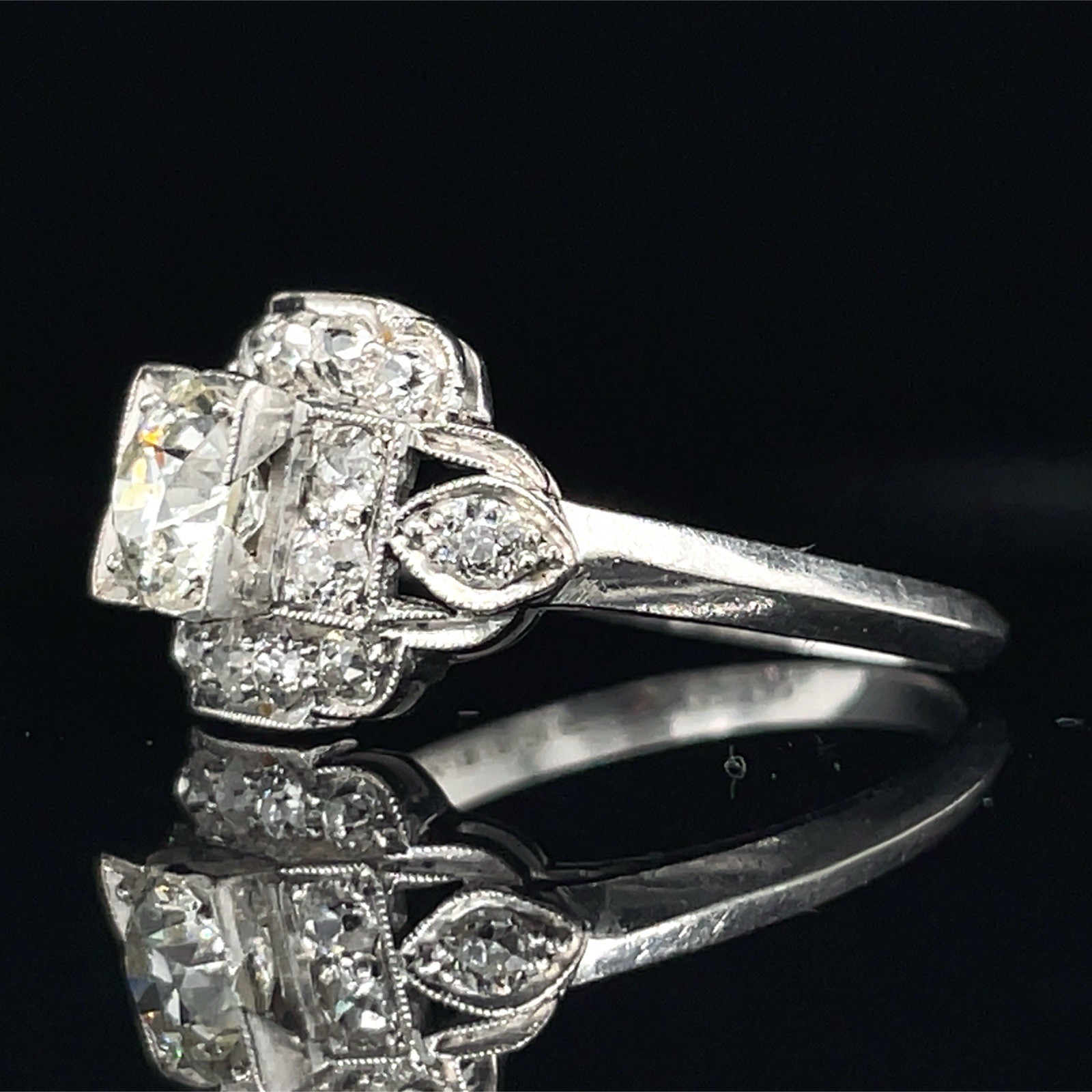 Art Deco Old European Cut Diamond Ring Set In Platinum