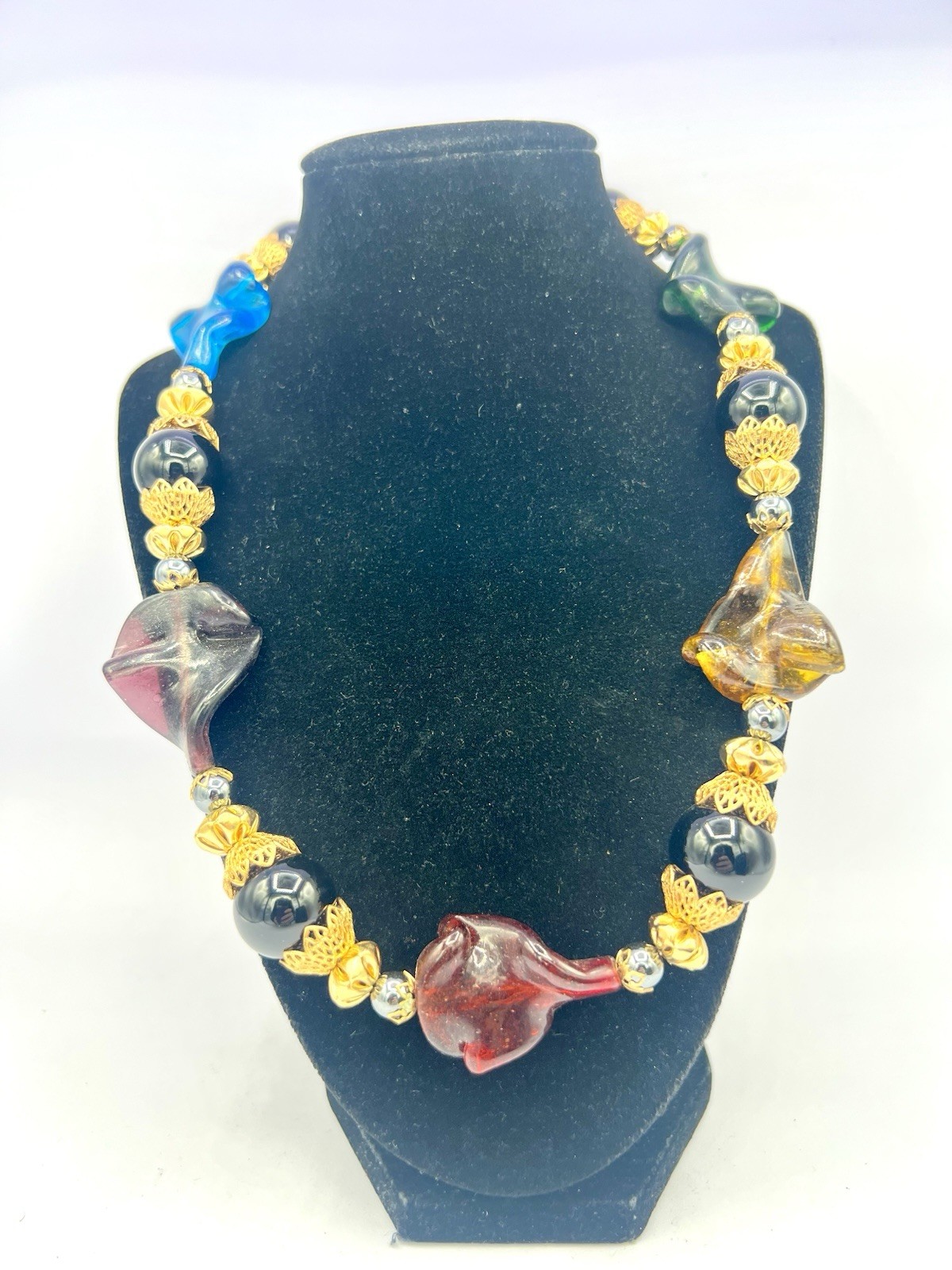 Vintage Chunky Colorful Handblown Glass Twist Necklace 16” RO-DO $200 NOS CB