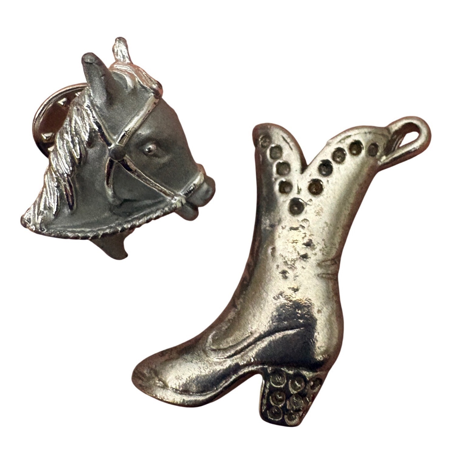 Vintage Silver Tone Western Horse Head Lapel Pin and Cowboy Boot Brooch Set