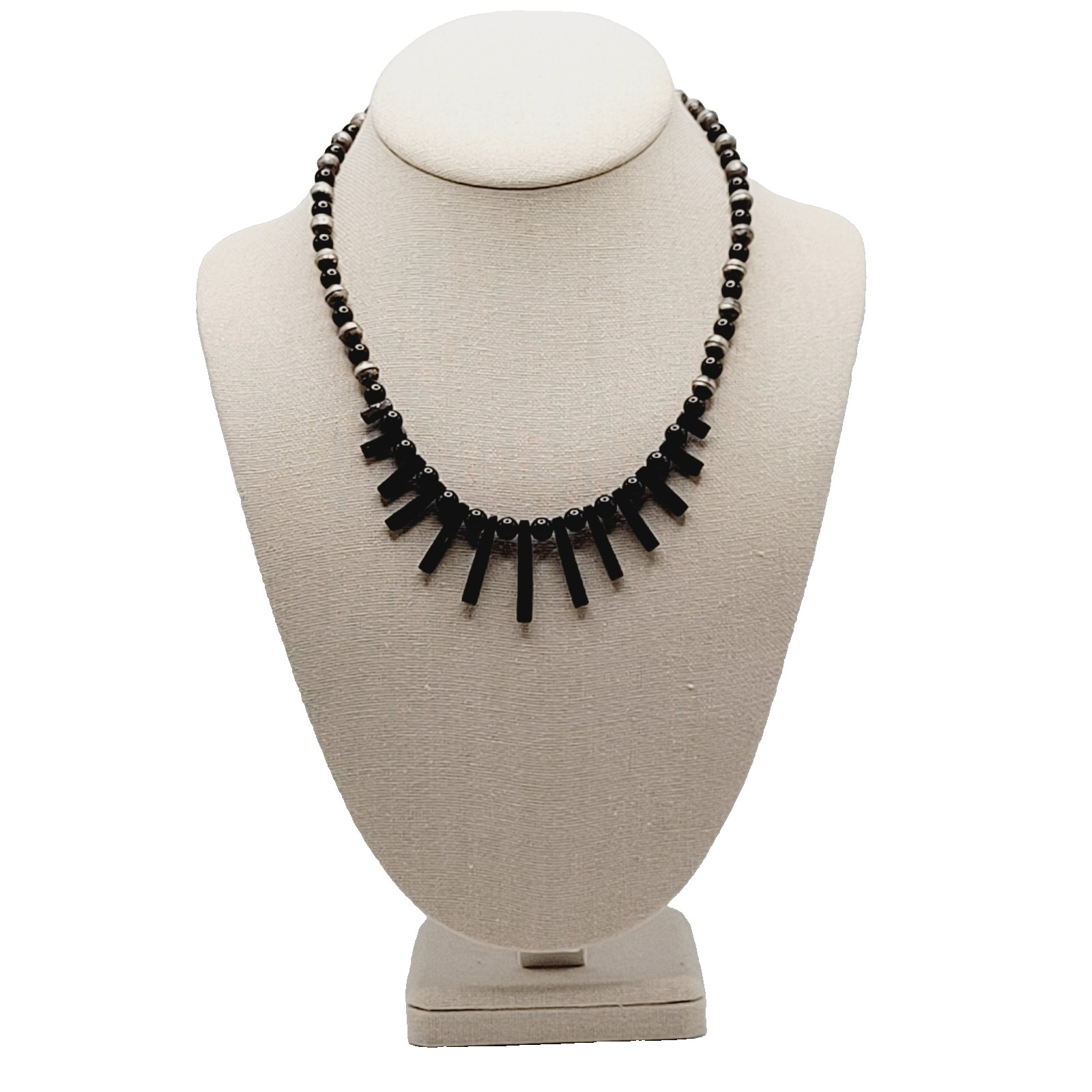 Southwestern Artisan Black Onyx Silver Tone Bead Bib Fringe Vtg Necklace 18 Inch