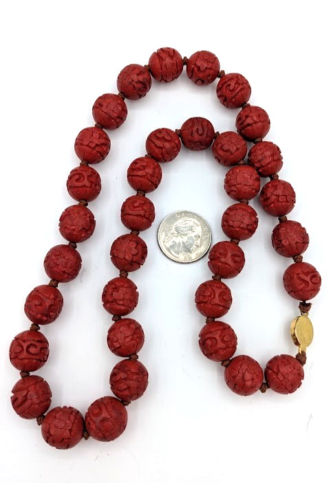 Vintage Chinese Cinnabar Bead Necklace Hand Knotted Carved Red Beads 24 In