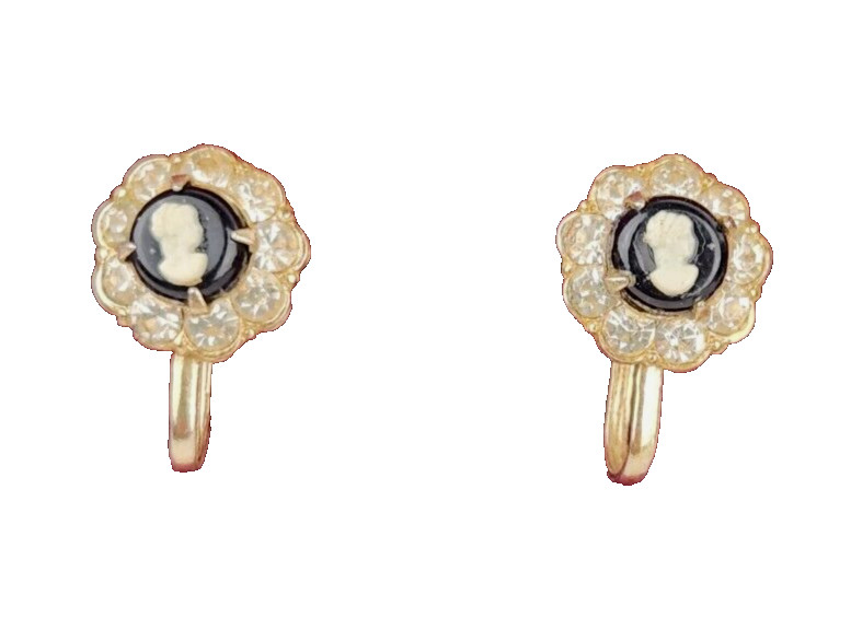 Coro Cameo Earrings Ivory/Black Gold Tone Rhinestones Screw Back Vintage Signed