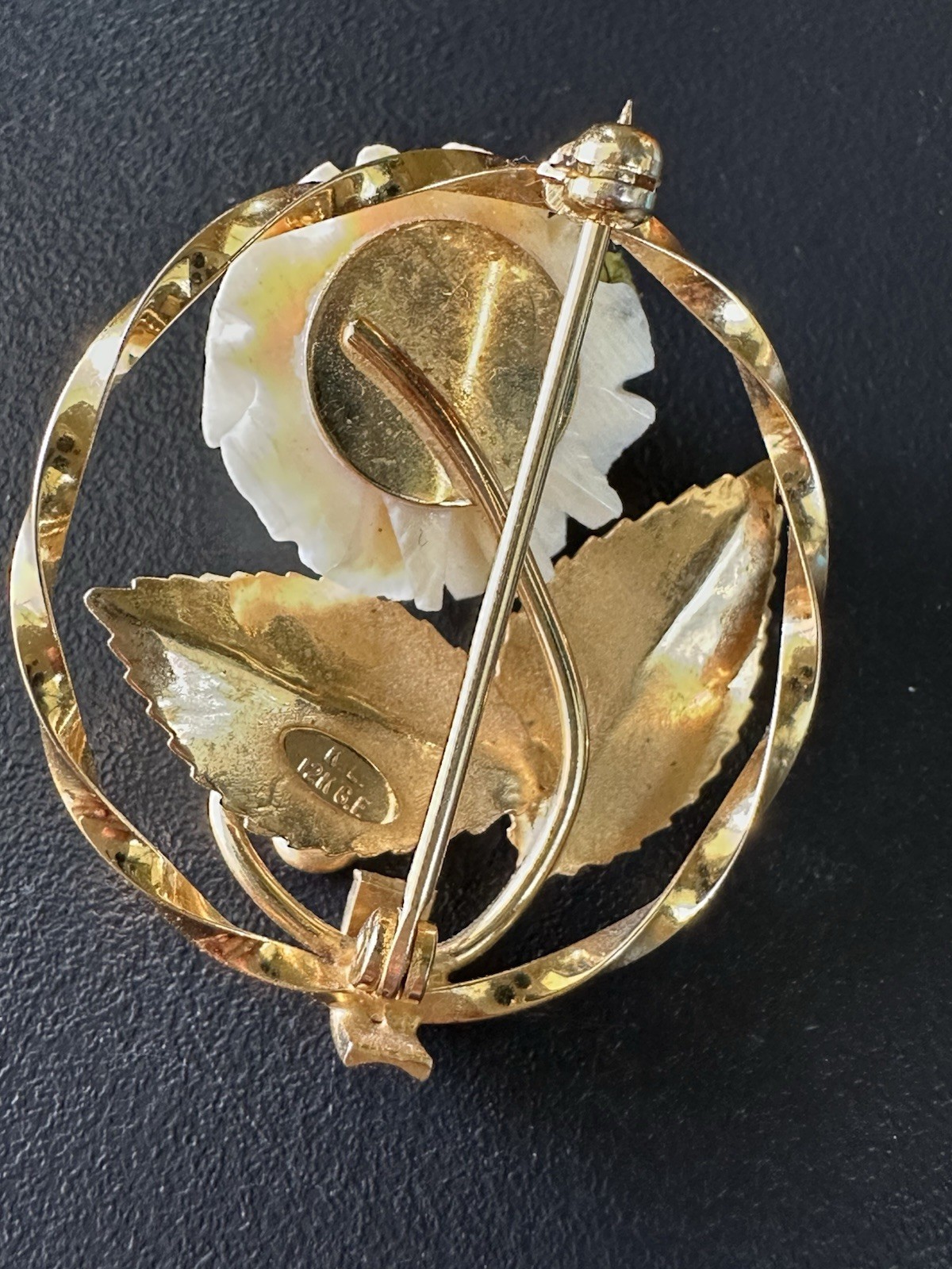 Vintage K.L. 12GF Brooch with White Carved Rose Brooch