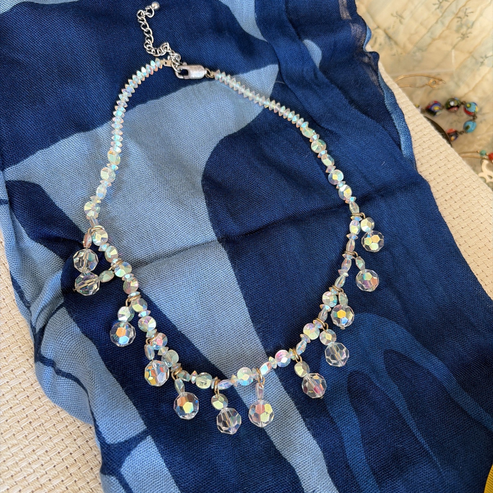 Woman’s Vintage Aurora Crystal Necklace Restrung Sterling Silver Clasp 18+Inch