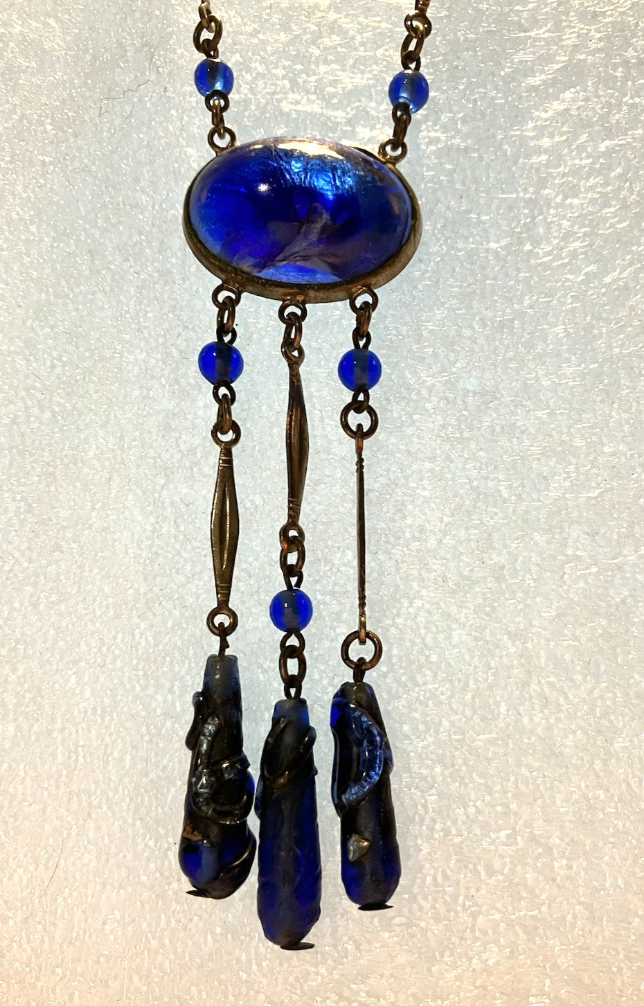 Vtg ART DECO CZECH blue foil GLASS drop pendant NECKLACE 3 “torpedo beads”