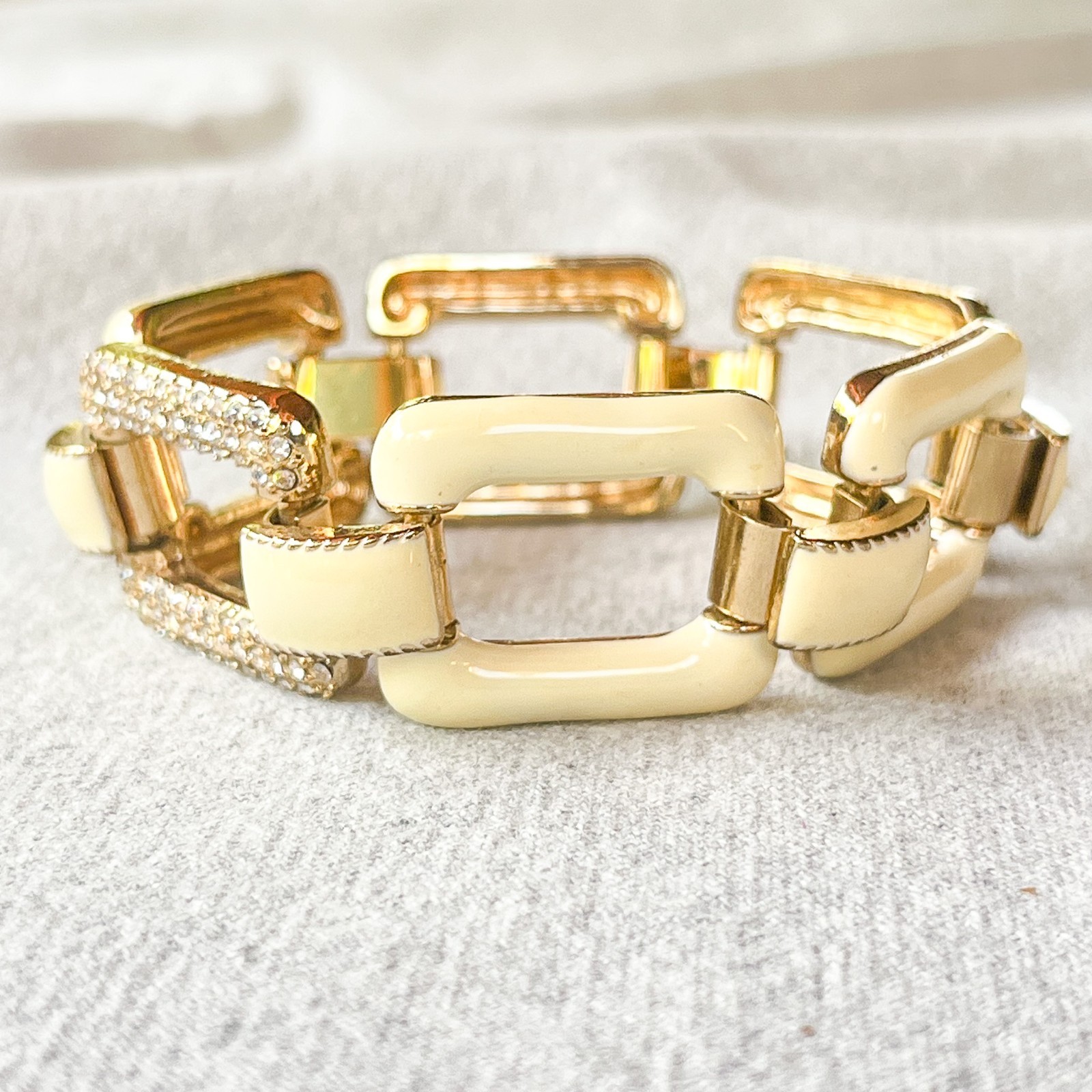 Vintage Ivory Enamel Gold Tone Link Bracelet Rhinestone Statement Chunky Deco