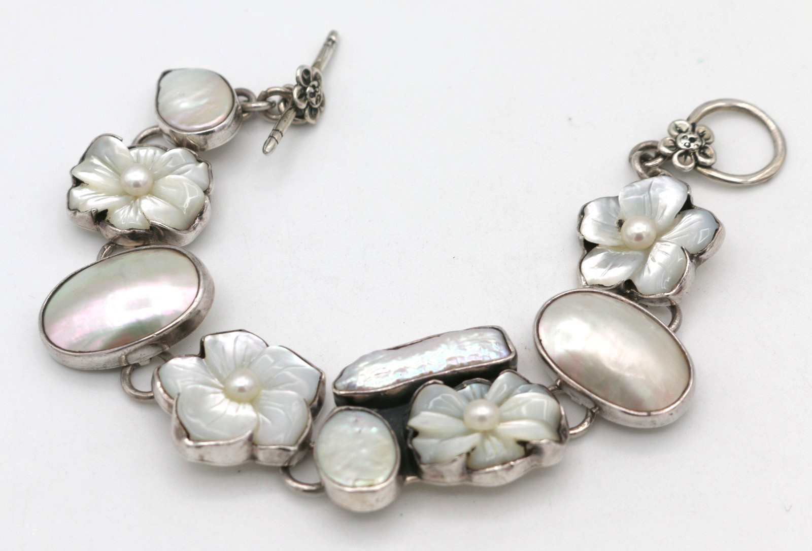 AKR Amy Kahn Russell Sterling Silver 925 Carved MOP Flowers Bracelet 7.5”
