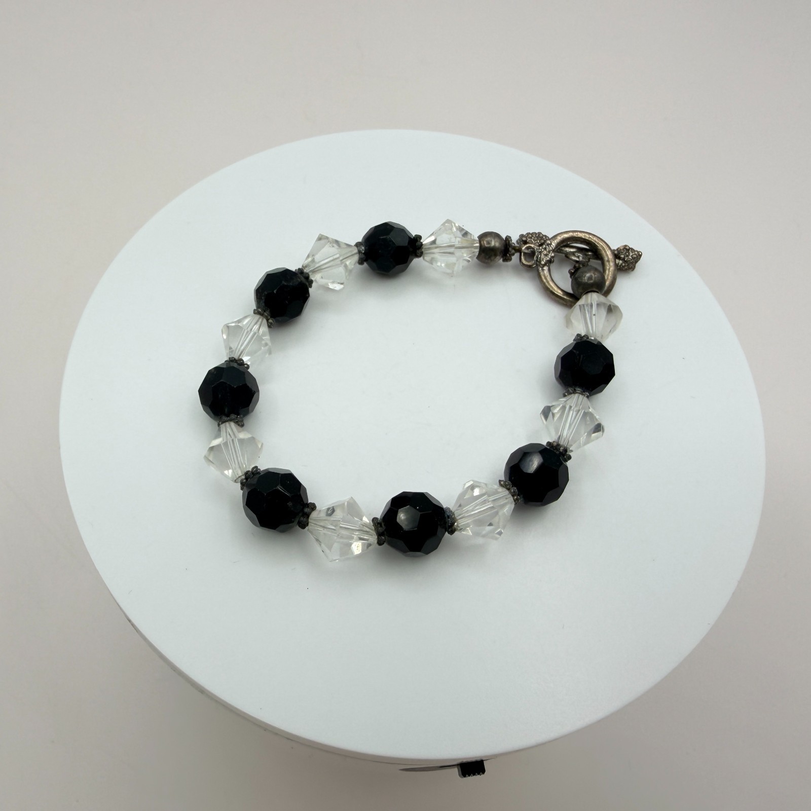 Vintage Black Clear Crystal Bead Necklace Bracelet Dangle Earrings Matching Set