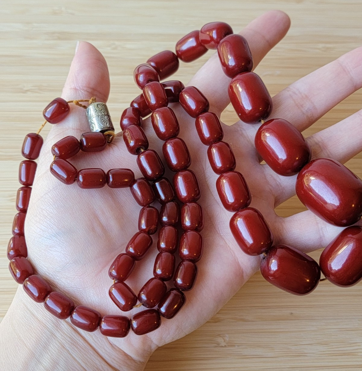 Cherry Amber Bakelite Barrel Prayer Bead Necklace – 76 Grams