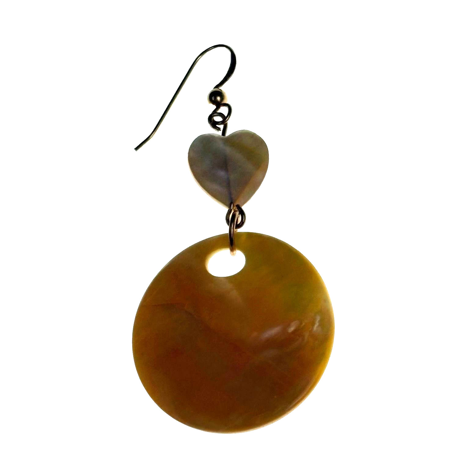 Vintage Heart Round Mother Of Pearl Dangle Earrings Handmade Hook Lightweight