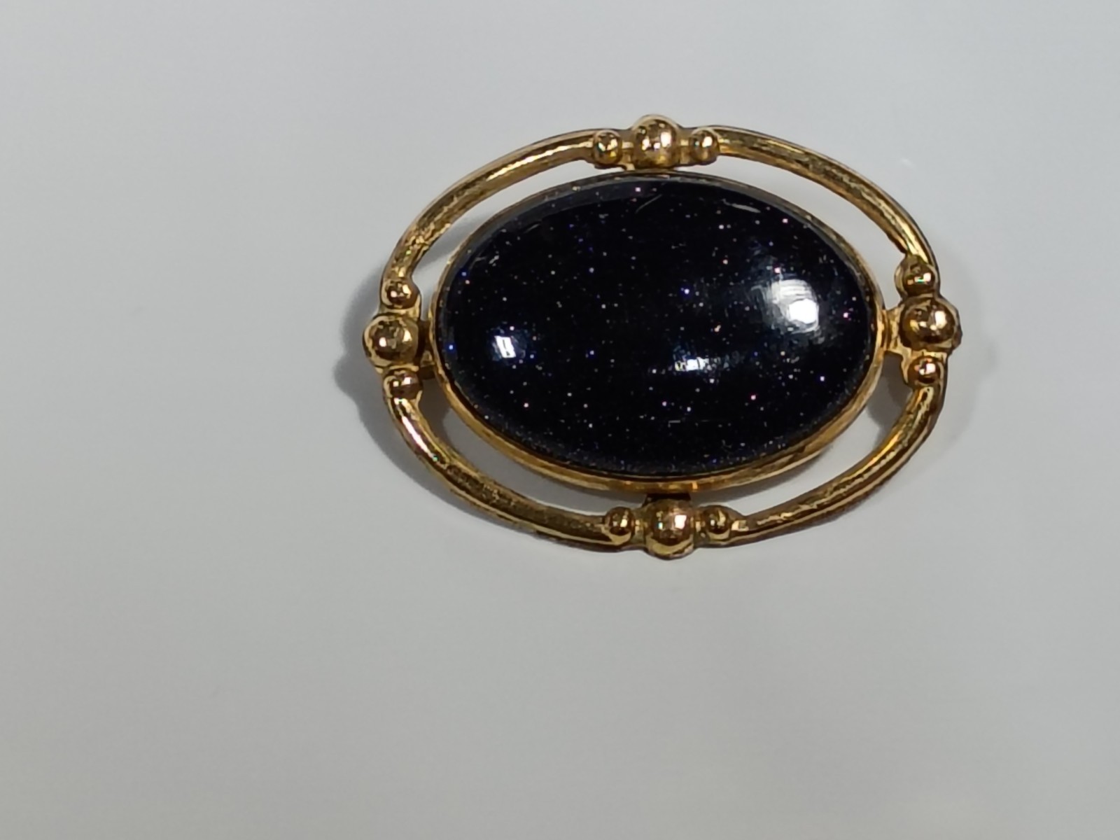 Blue Goldstone Gemstone Cabochon Vintage Goldtone Brooch Pin