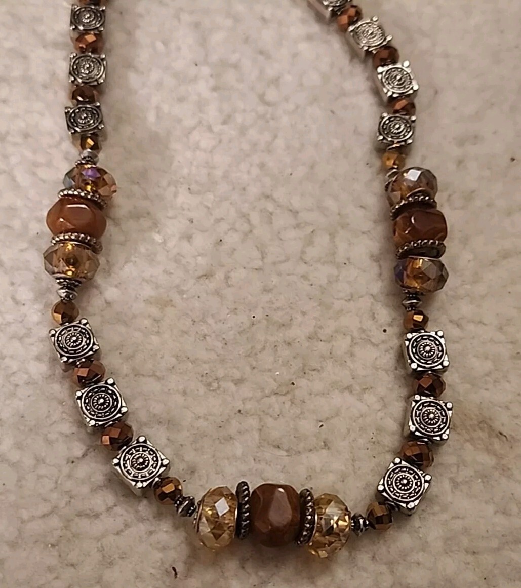 Vintage Metal & Agate Stone BOHO With Amber AB beaded Necklace 18”