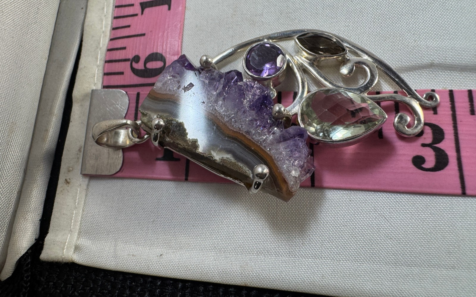 Vintage SJ Modernist sterling silver Purple Agate and crystal geode pendant