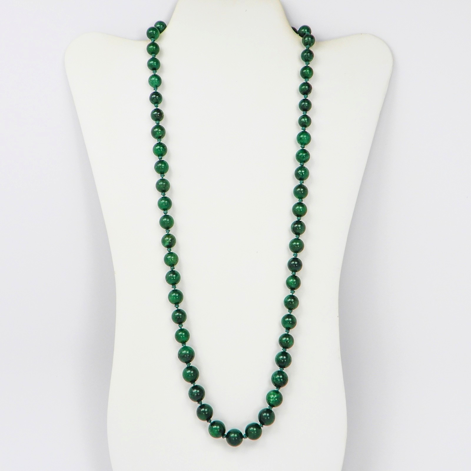 Vintage Green Jade Knotted Graduated Bead Necklace 26” 925 Silver Filigree Clasp