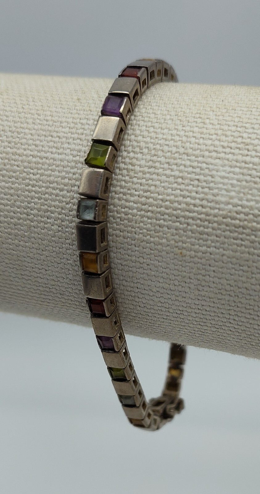 Vintage Modern Square Colorful Stone Mod Link Bracelet Sterling Silver 925 DBJ