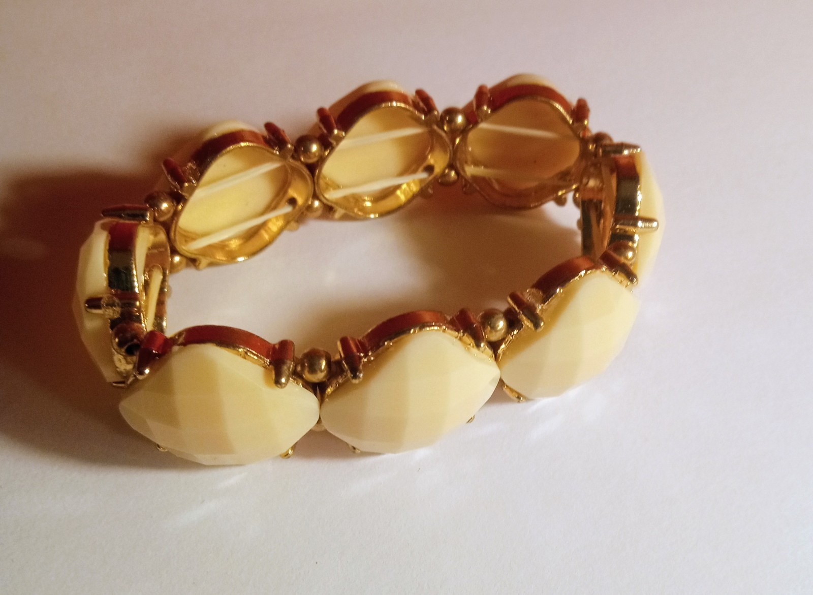 Ivory And Gold Tone Stretch Bracelet With Matching Pierced Vintage Earrings