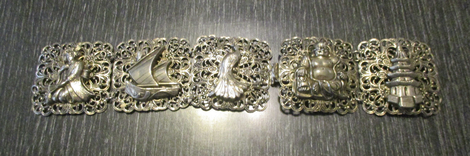 Vintage US Zone Germany Filigree Buddha Asian Theme Wide Link Bracelet Repair