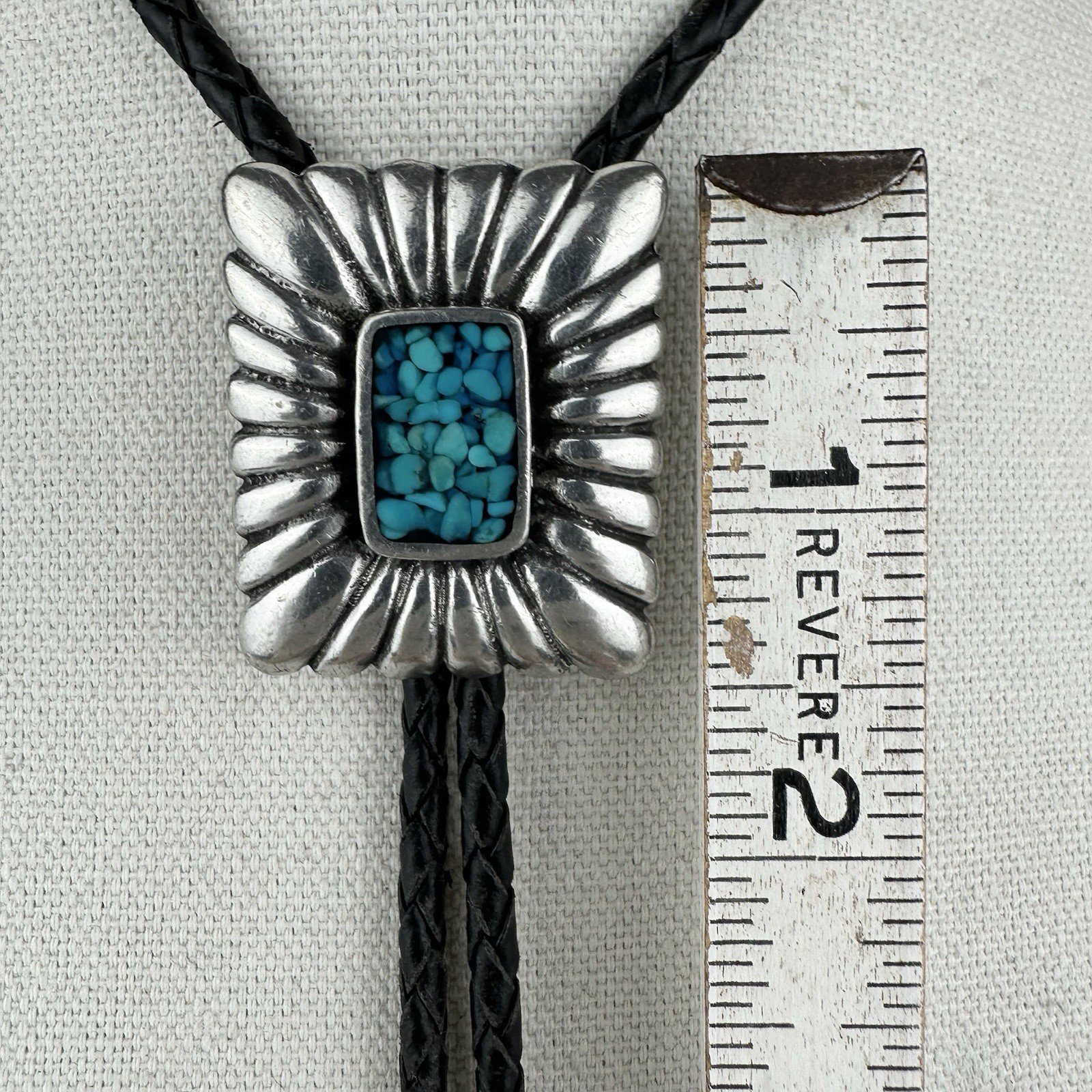 Vintage Silver Pewter Turquoise Chip Inlay Western Bolo Tie Nickel Silver Tips