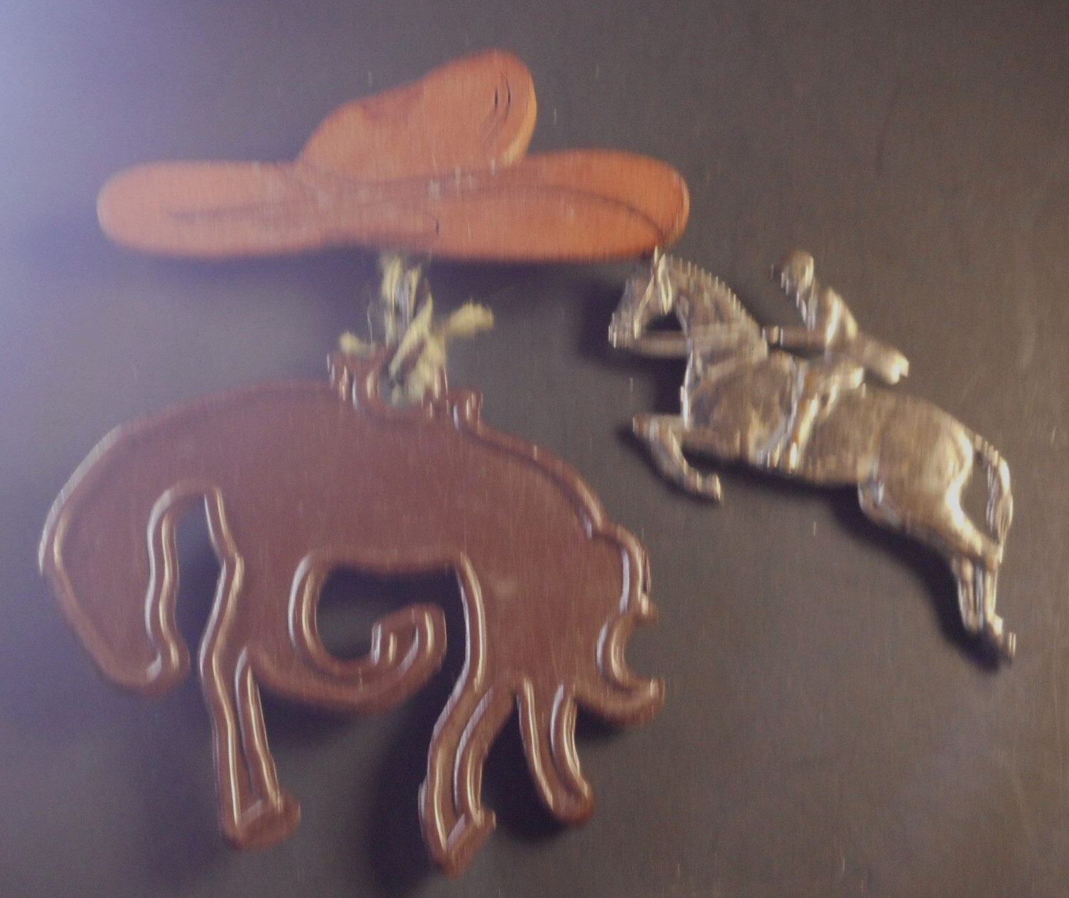 Vtg 2 Horse Brooches One Silvertone w Jockey One wood and Lucite Bucking Bronco