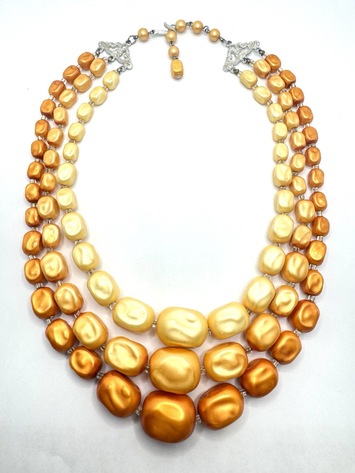 VTG 50’s Triple Strand Beaded Cream Gold Orange Faux Pearl Necklace HONG KONG