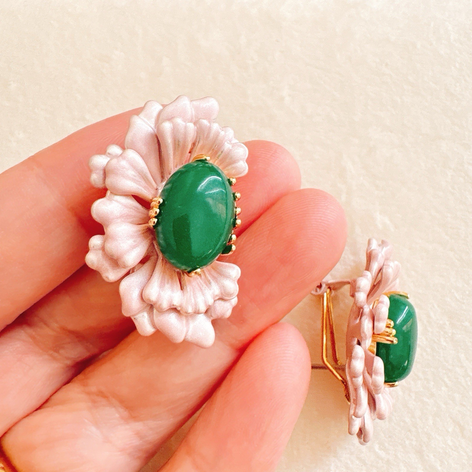 Pink Enamel Floral Earrings with Green Jade-Style Center-Vintage Style
