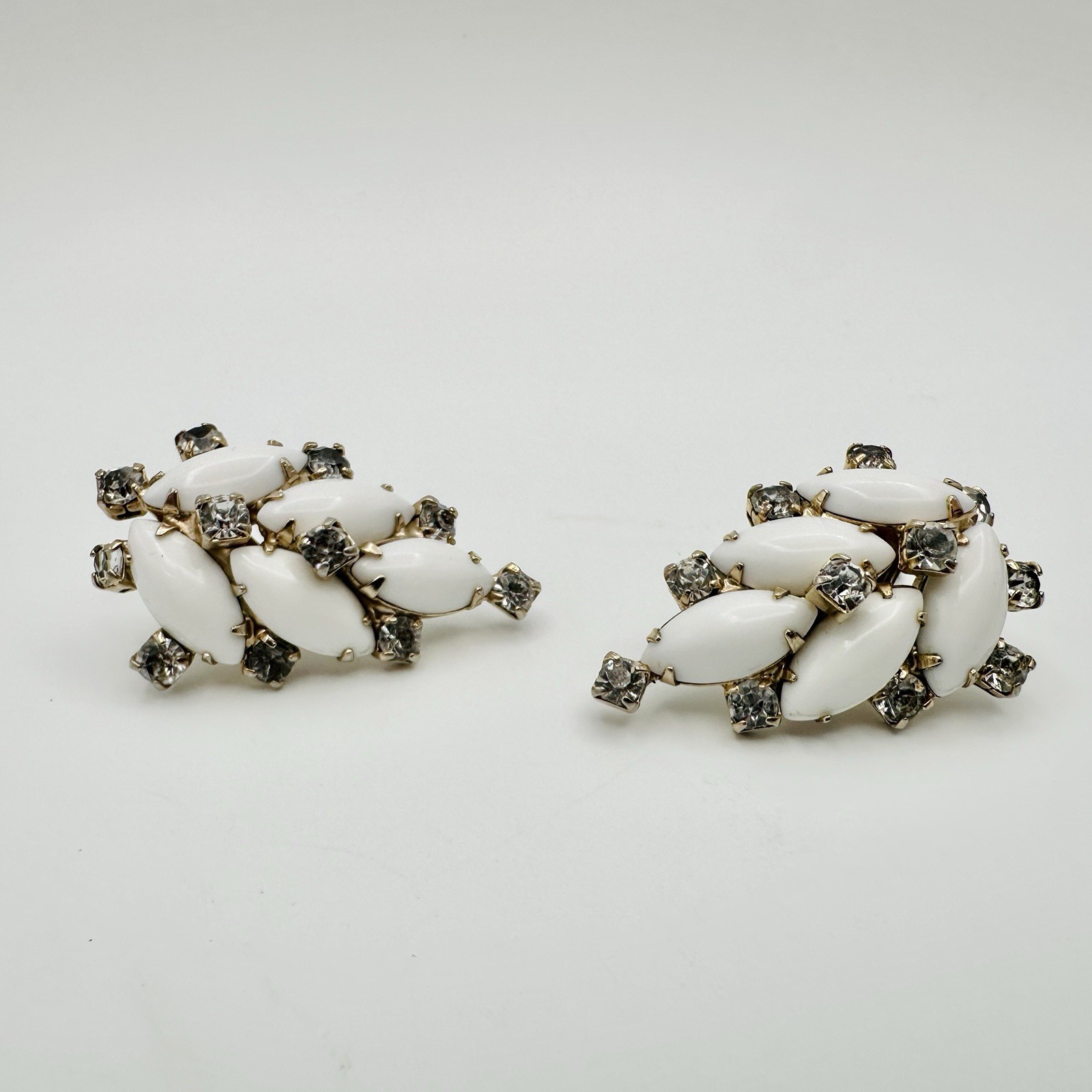 Vintage White Milk Glass Navette Rhinestones Fanned Leaf Clip Earrings Gold Tone