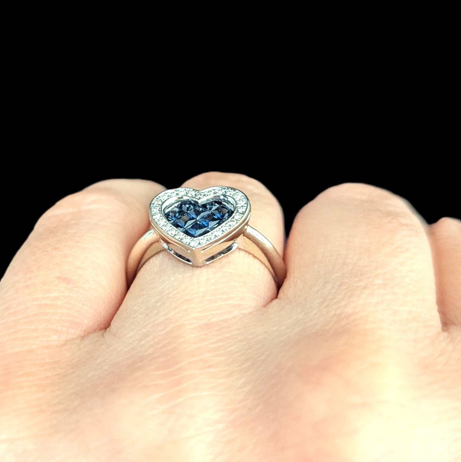 Estate Invisible Set Sapphires Diamonds 14k White Gold Heart Ring William Lam Co