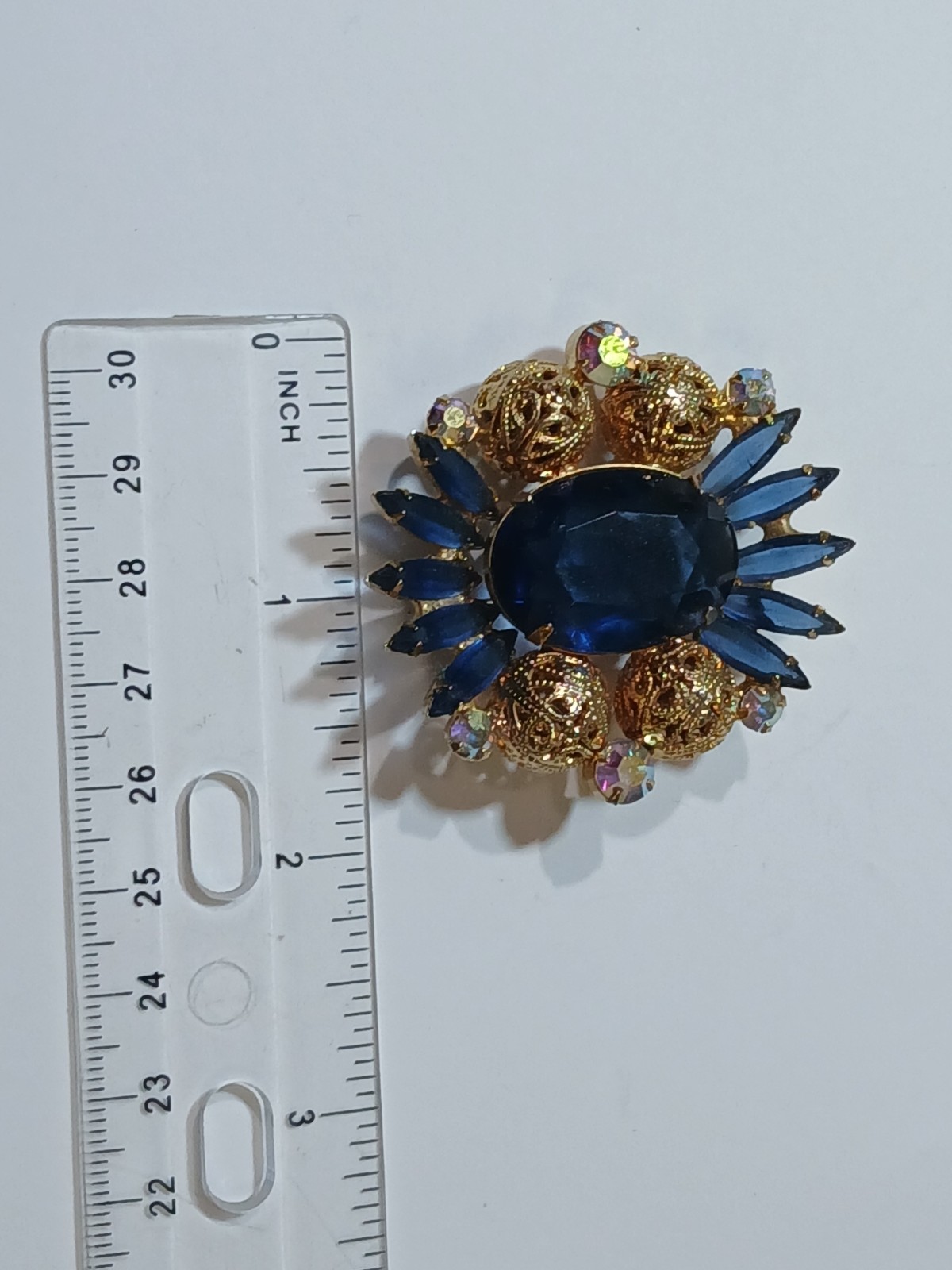 D&E Juliana DeLizza and Elster blue rhinestone filigree ball brooch. 