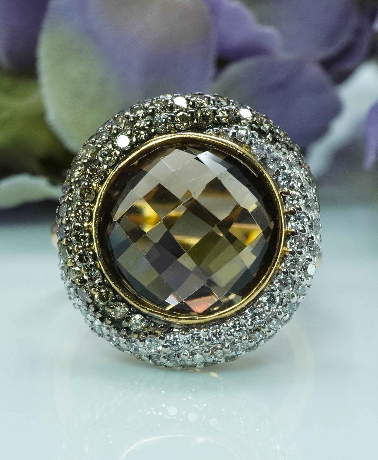 Vintage Quartz Champagne White Diamond Ring 14K Gold Designer Estate Italy