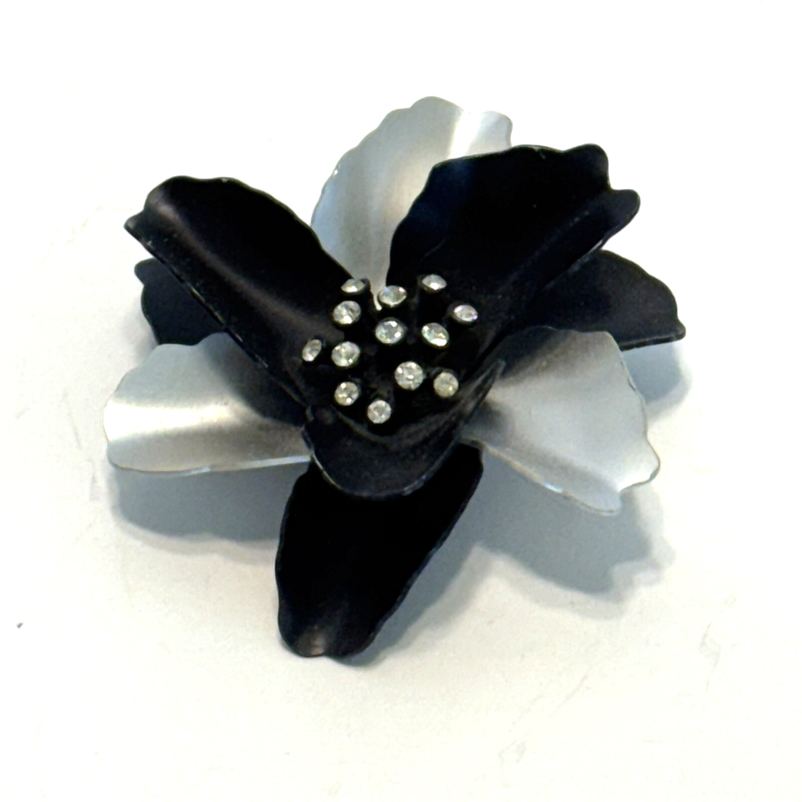 Vintage Black and Silver Flower Brooch Enamel Layered Petals Clear Rhinestones