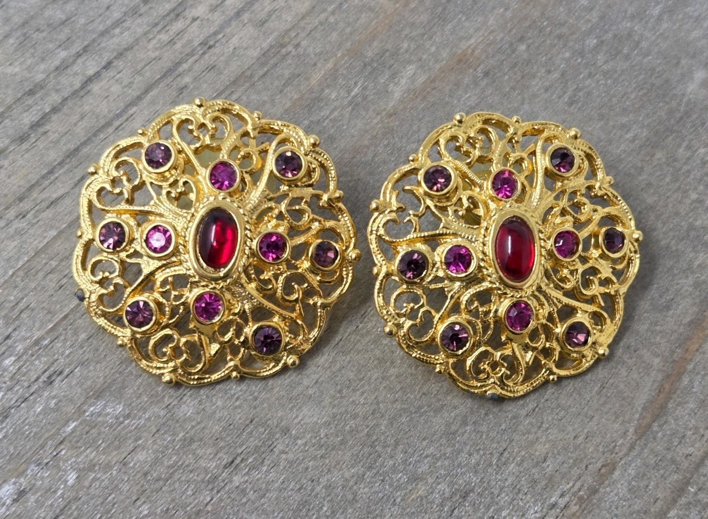 Gold Tone Filigree Earrings w/ Red Cabochons & Purple Pink Rhinestones Vintage
