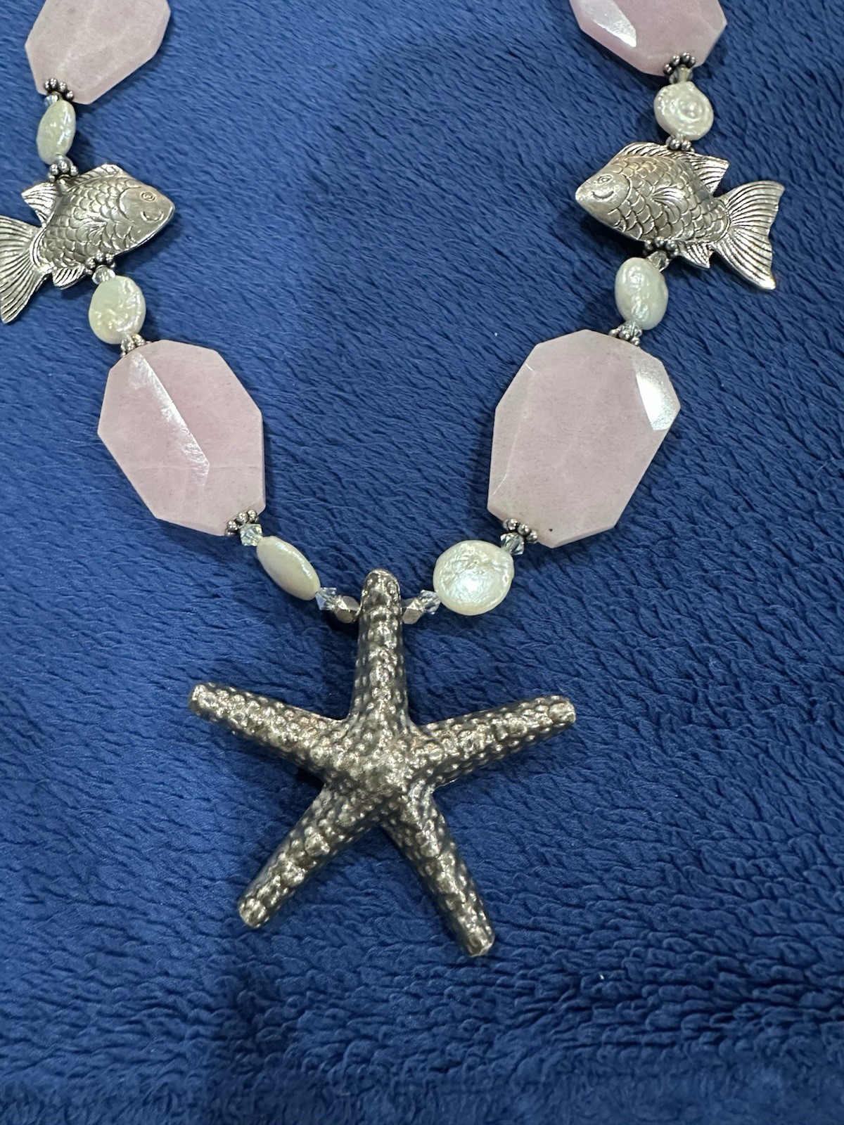 Sterling Silver 925 Rose Quartz MOP Starfish Fish Chunky Necklace, 17.5in Long