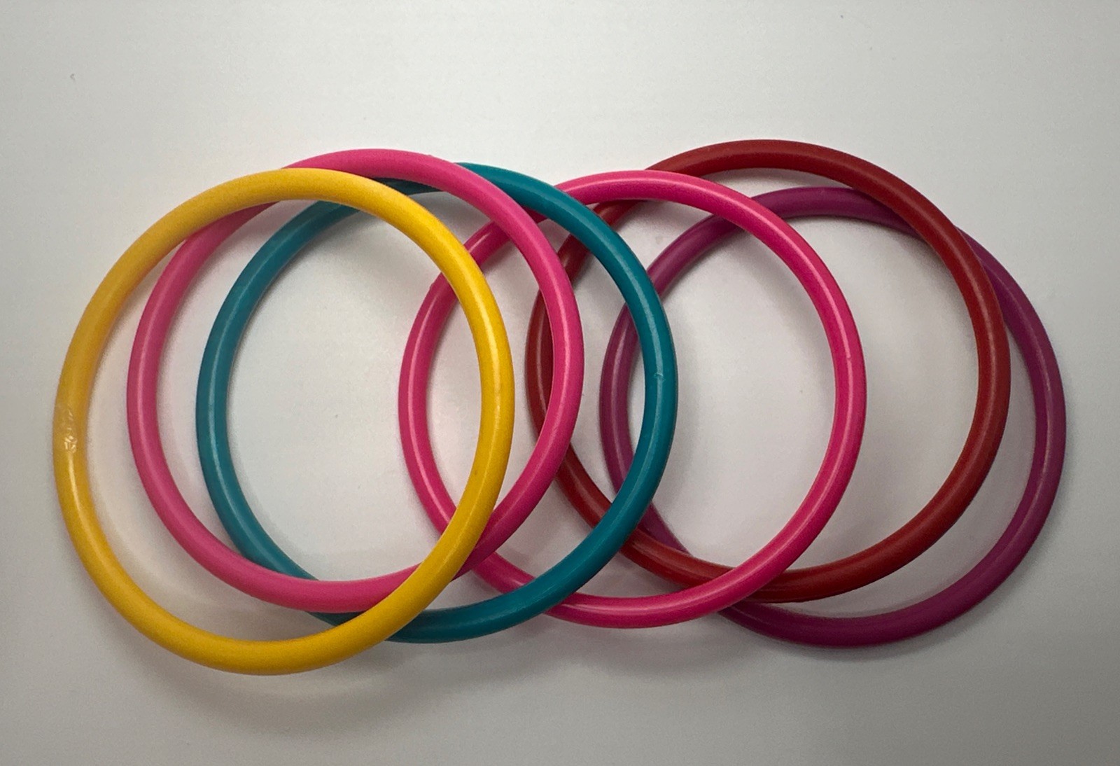 Vintage 1980 Plastic Bangle Bracelet Lot of 6 Teal Pink Yellow Red Stackable