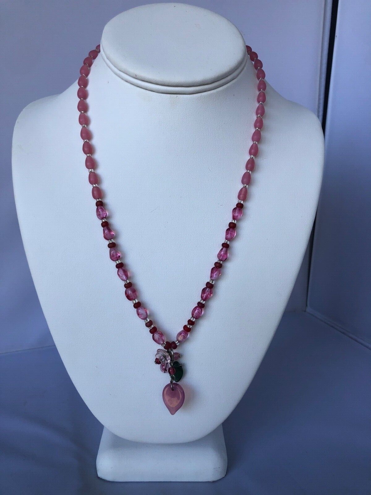 Beautiful, Delicate Pink Czech Glass Necklace with Hearts-and-Flowers Pendant