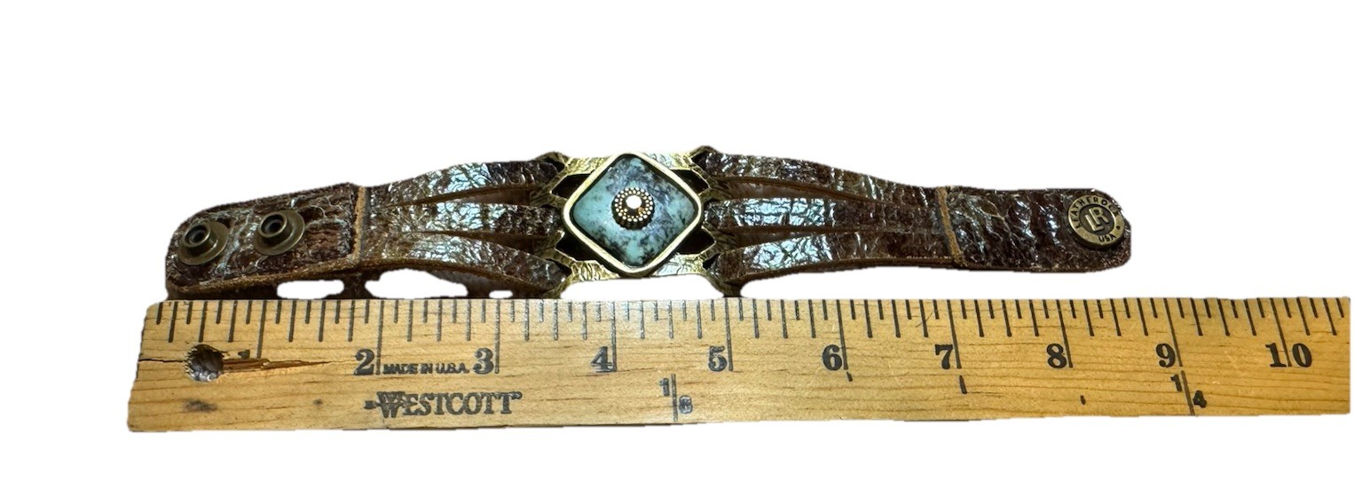 Bracelet LeatherRock Textured Band Turquoise Stone Rhinestone Brass Accents M&W.