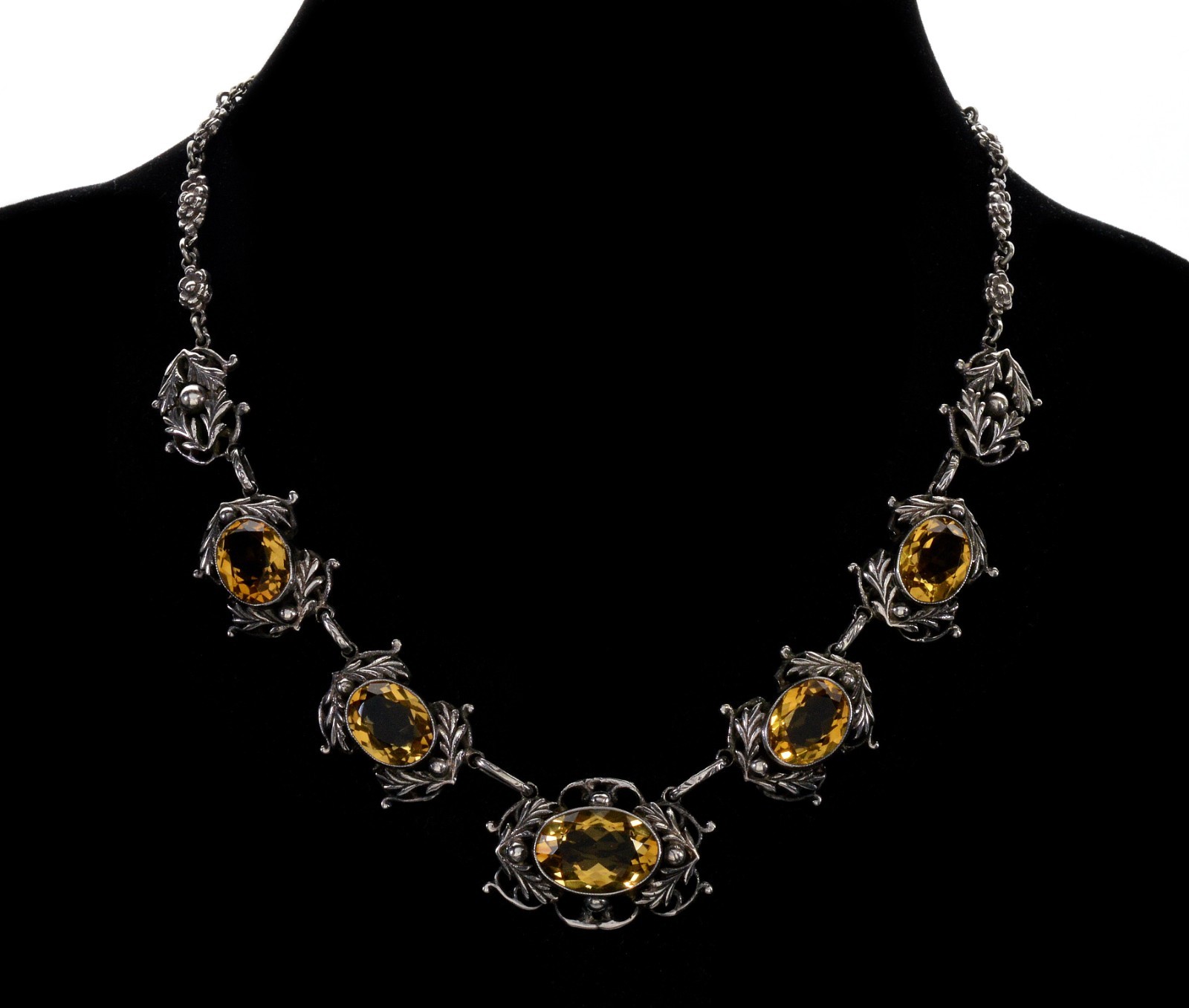 ANTIQUE ART NOUVEAU STERLING CITRINE LINK NECKLACE C.1900