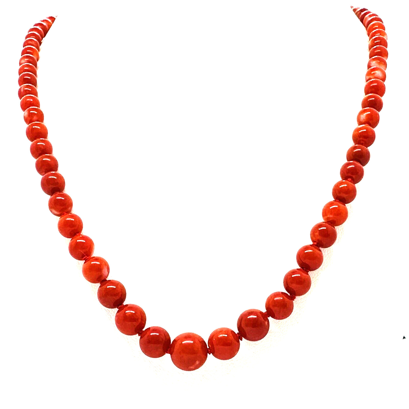 Natural Red Coral 9 mm x 4 mm Strand 18k Yellow Gold Necklace 17.5″