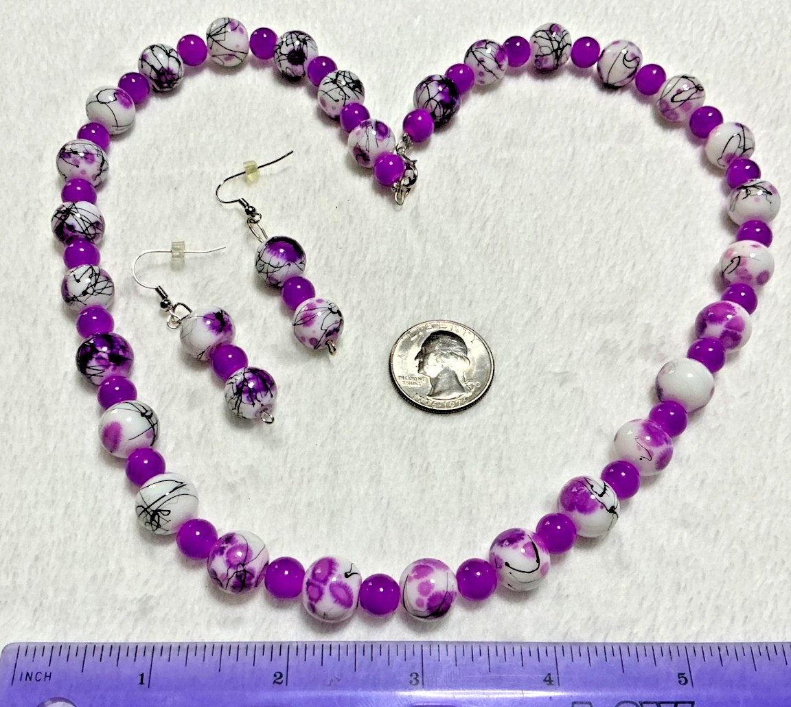 Vintage Violet Purple White Black Splatter Glass Beaded Necklace & Earrings Set
