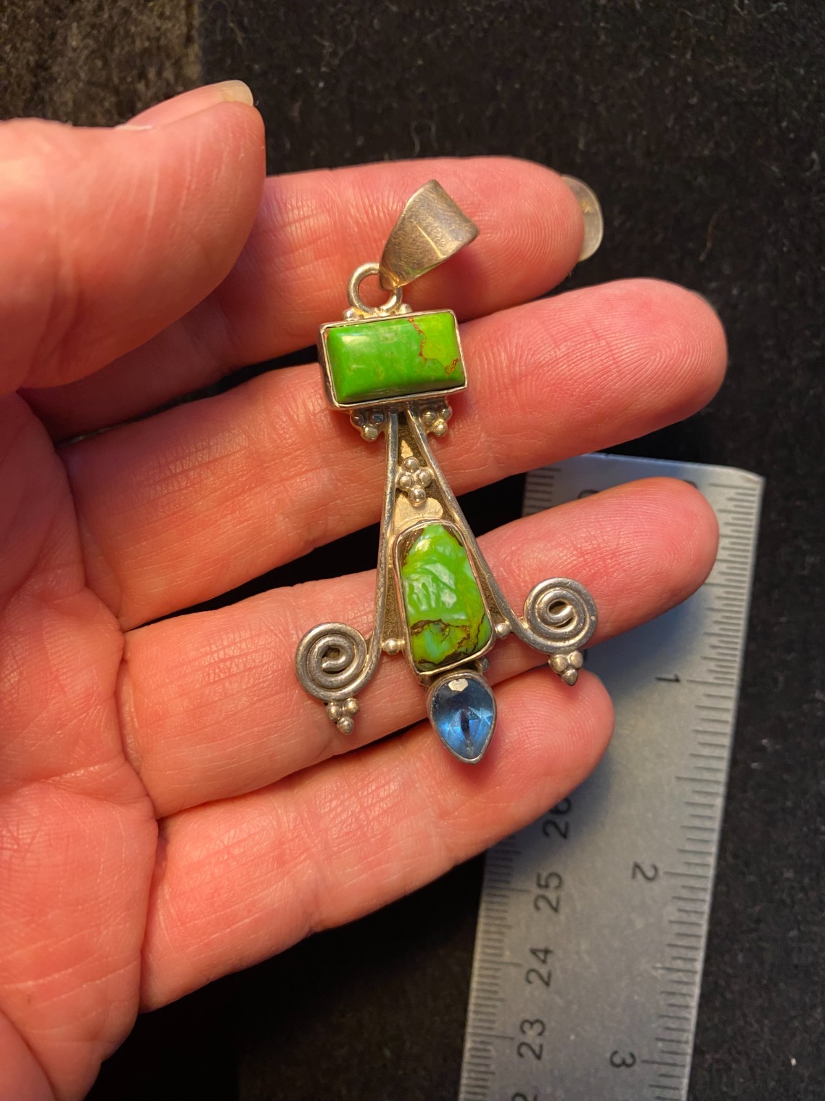 VTG Sterling Silver 925 Pilot Mountain Turquoise Pearl Blue Topaz Pendant 2.25″